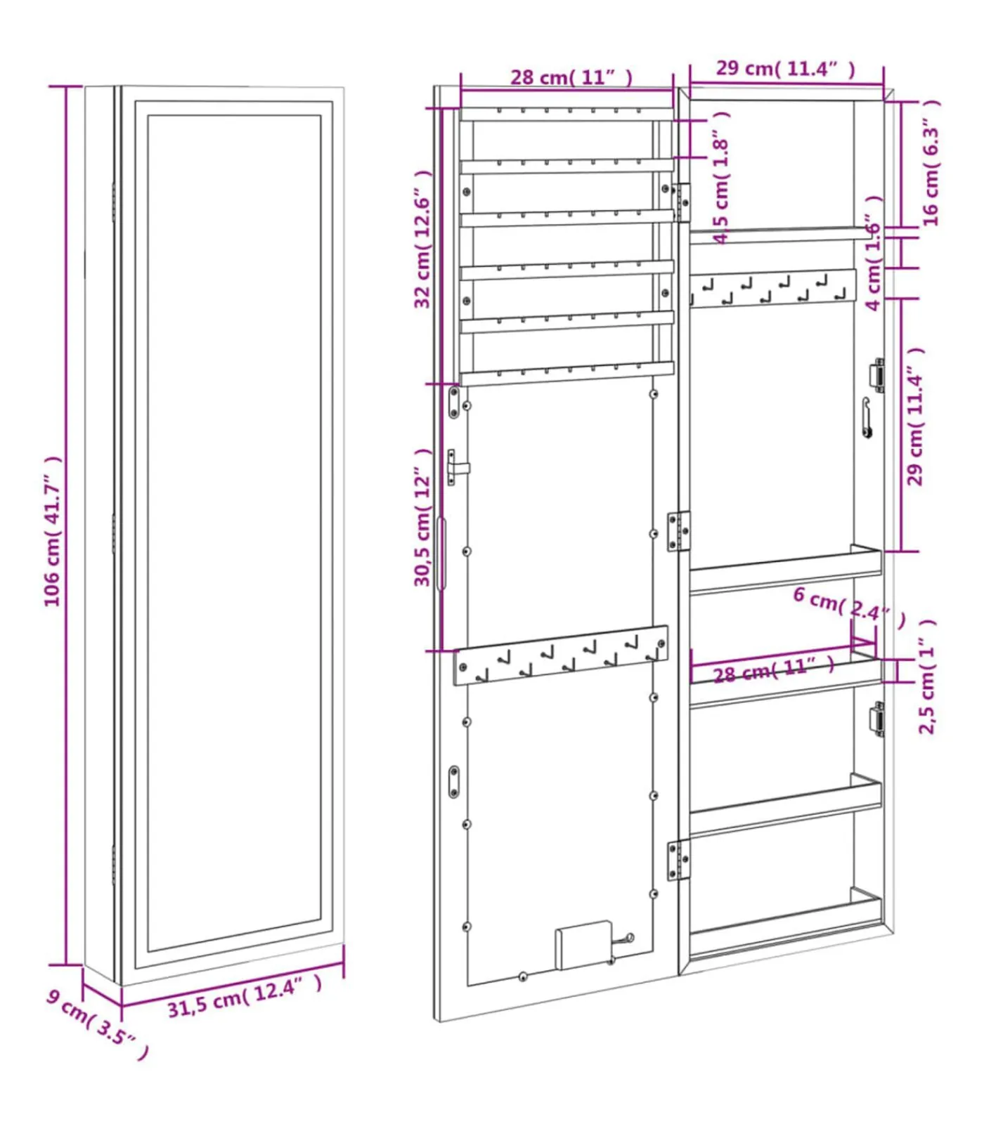 Sieradenkast met spiegel en LED wandgemonteerd zwart Spiegels