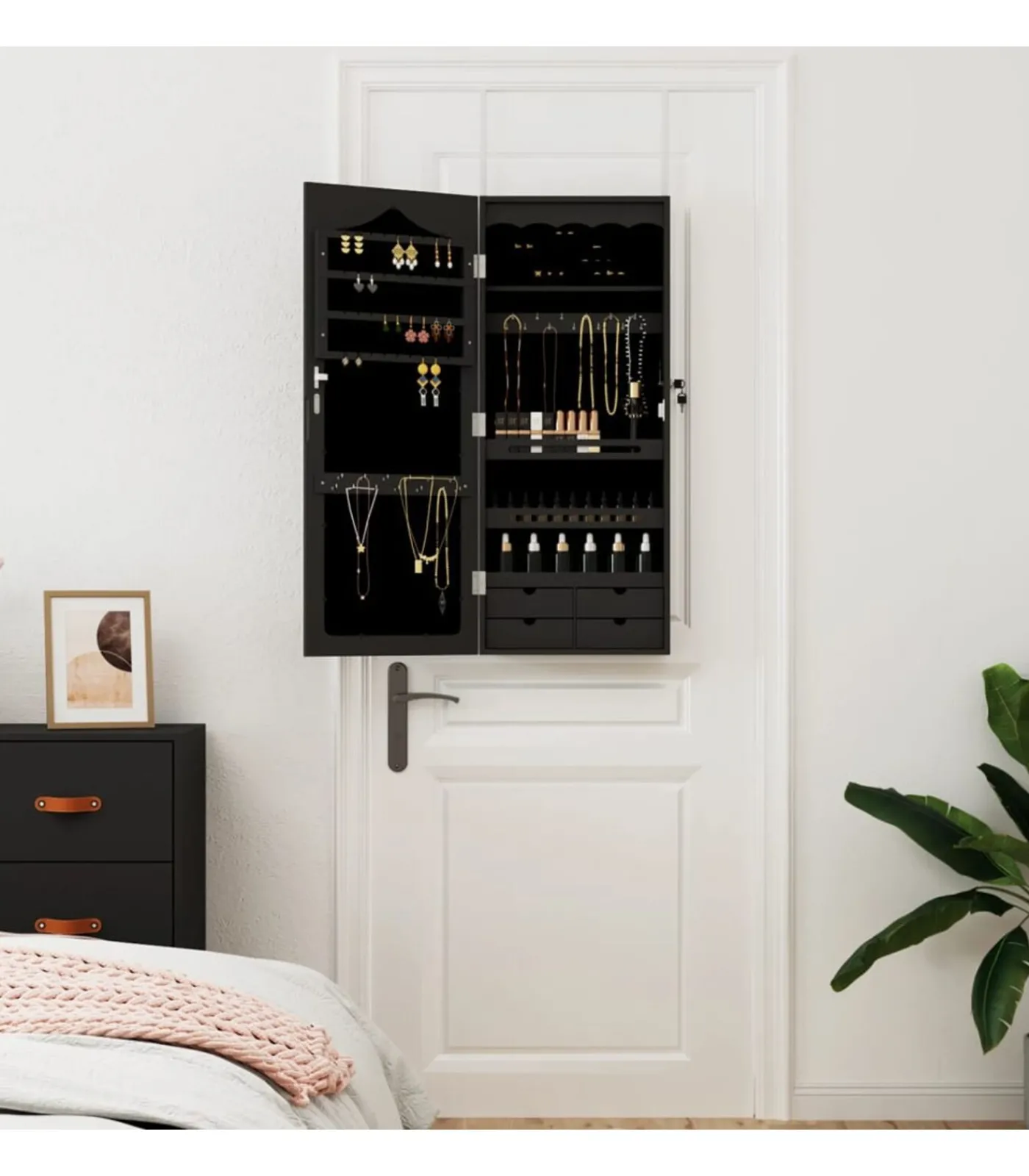 Hot Sieradenkast met spiegel wandgemonteerd 37,5x10x90 cm zwart Spiegels