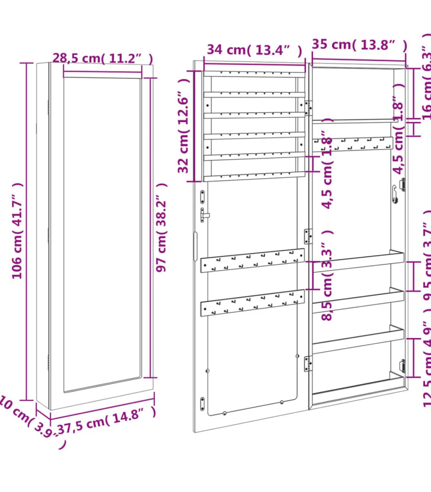 New Sieradenkast met spiegel wandgemonteerd 37,5x10x106 cm Spiegels