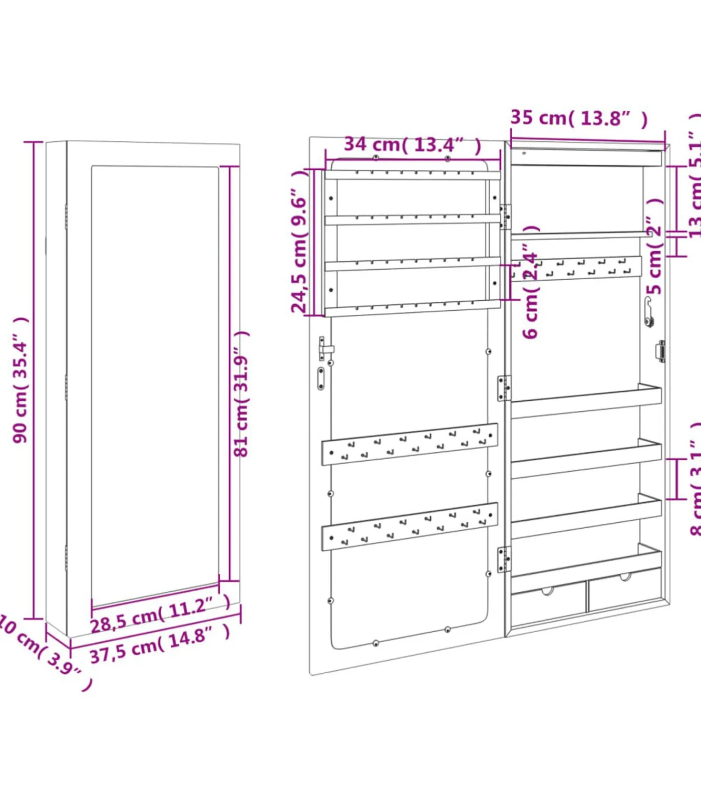 Best Sieradenkast met spiegel en LED wandgemonteerd wit Spiegels