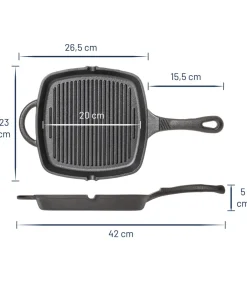 Outlet Skillet - Grillpan - Gietijzer - 23 x 23 cm - zonder anti-aanbaklaag Potten & Pannen