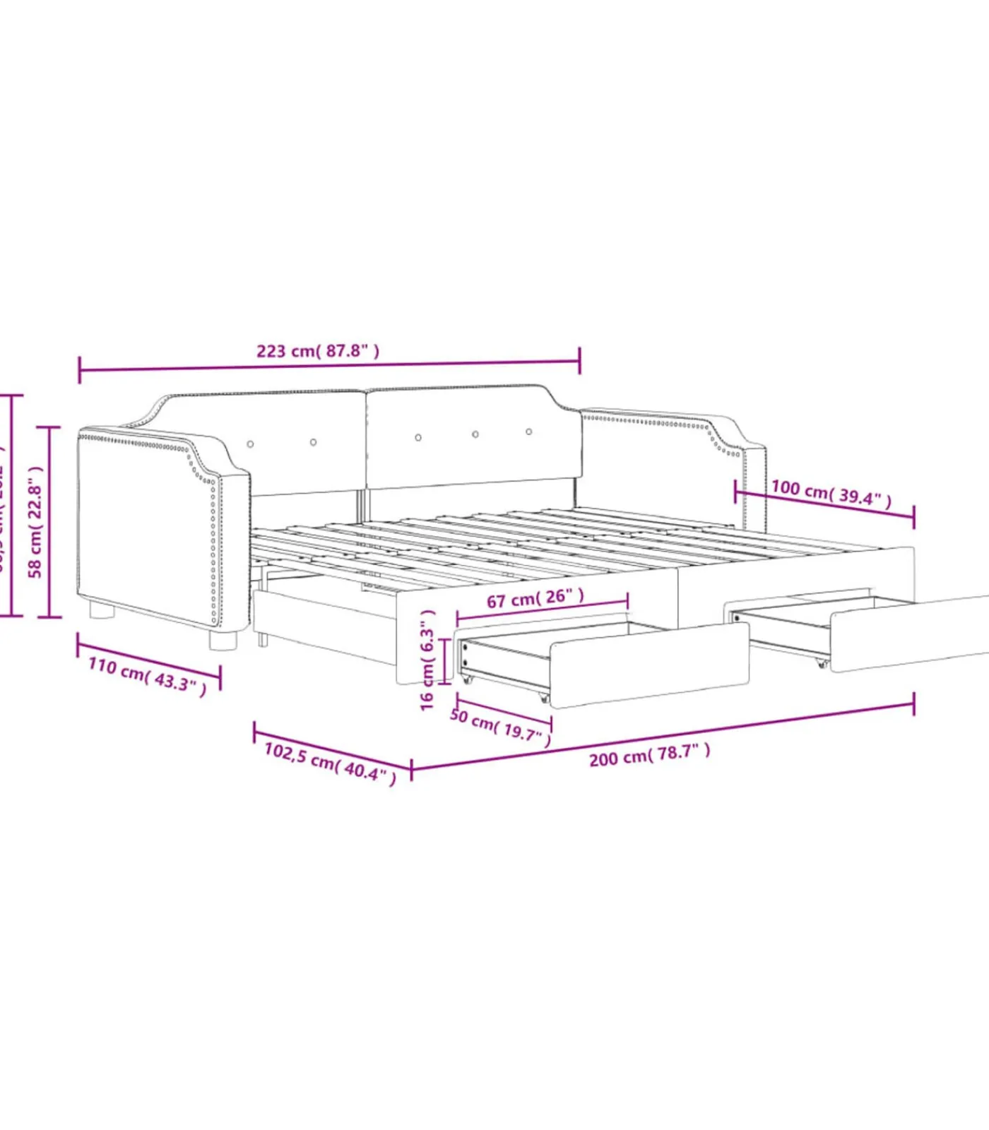 Discount Slaapbank met onderschuifbed en lades 100x200 cm stof zwart Bedden