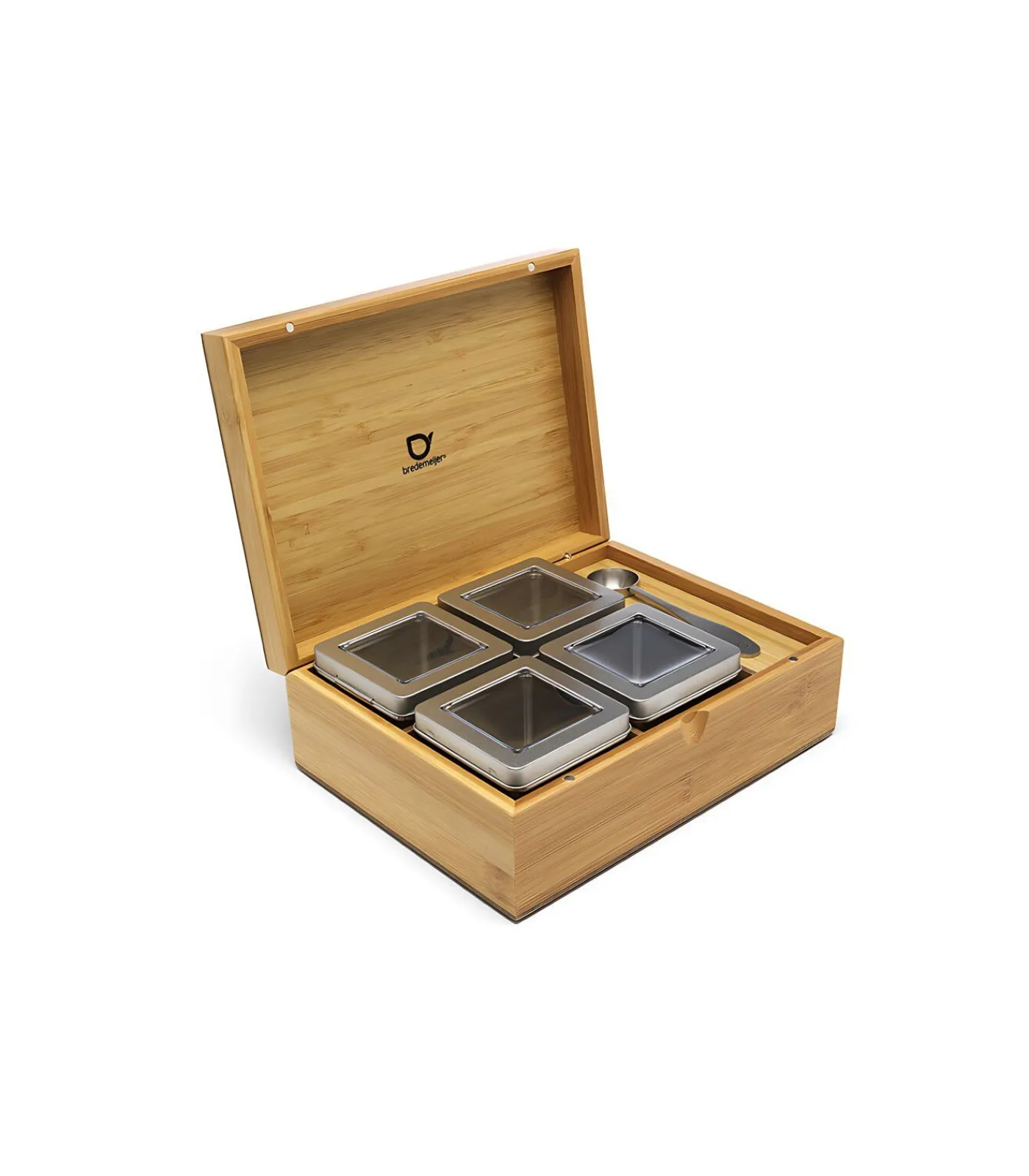 Outlet Theedoos Bamboe met 4 blikjes en theemaatlepel Koffie & Thee Maken
