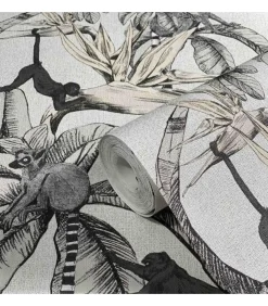 New Topchic Behang Monkey Jungle Leaves grijs en zwart Decoratie