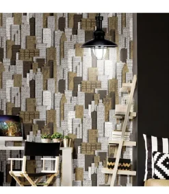 Hot Urban Friends & Coffee Behang stadsappartementen wit en goudkleurig Decoratie