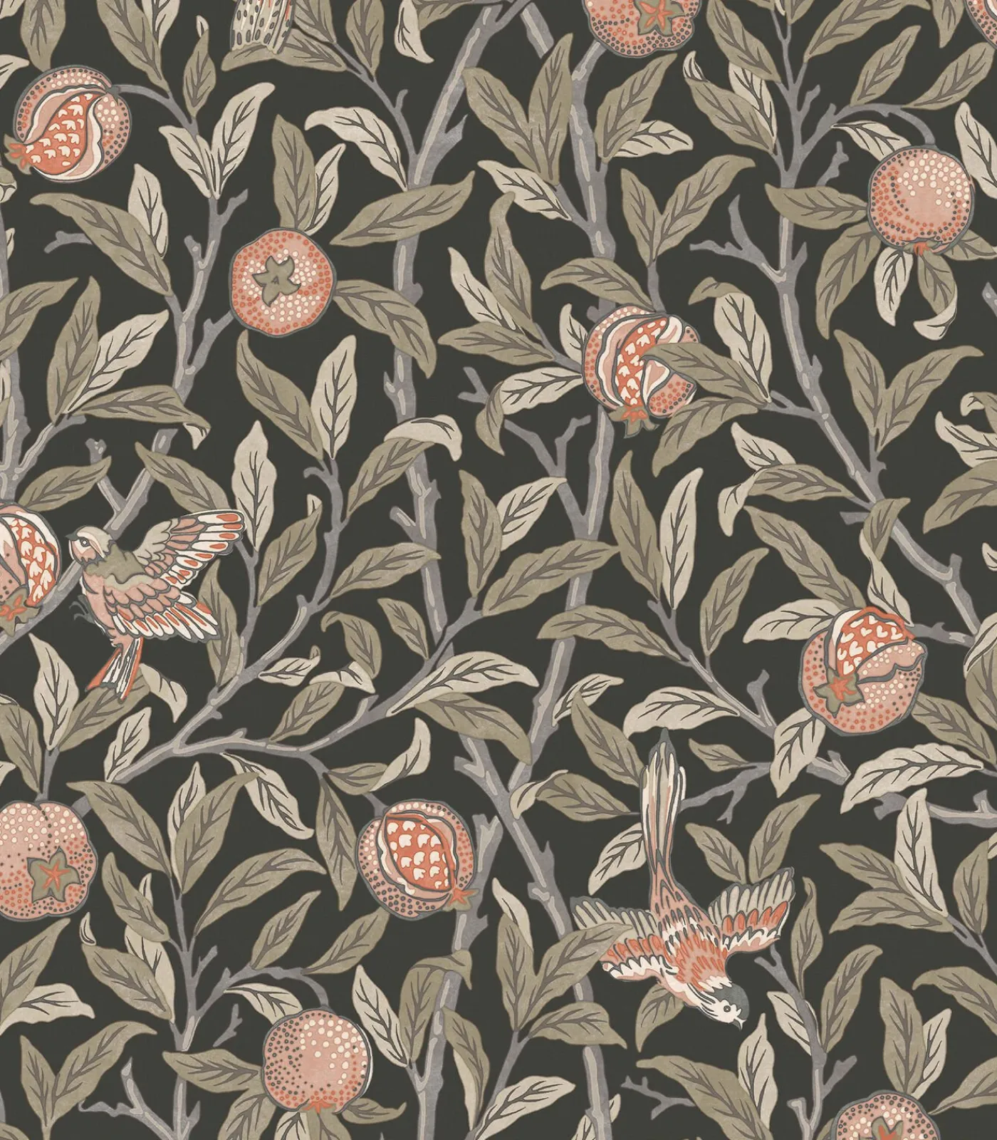 Best Vliesbehang Bird & Pomegranate Charcoal Wanddecoratie