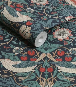 Outlet Vliesbehang Strawberry Thief Deep Blue Wanddecoratie