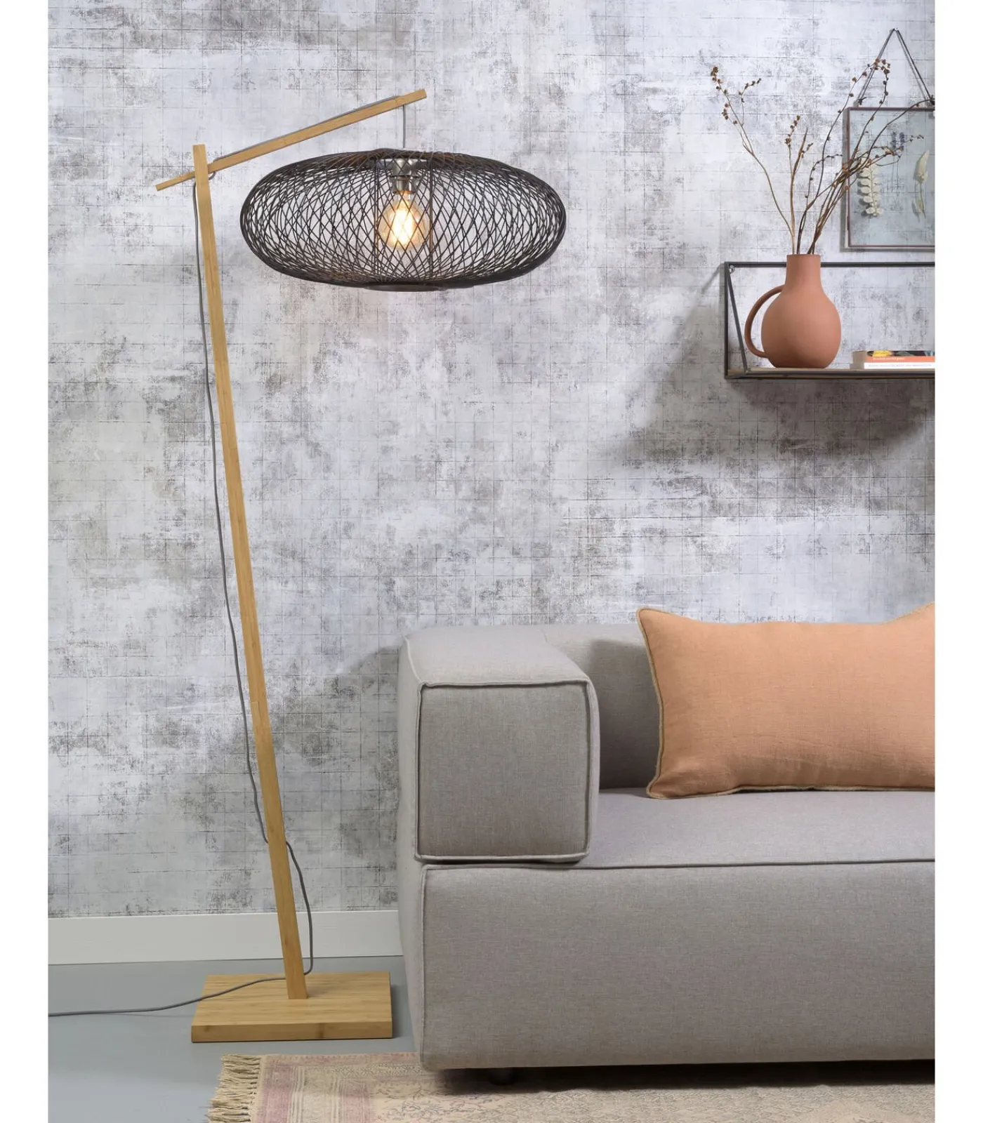 Discount Vloerlamp Cango - Bamboe/Zwart- 80x60x176cm Vloerlampen