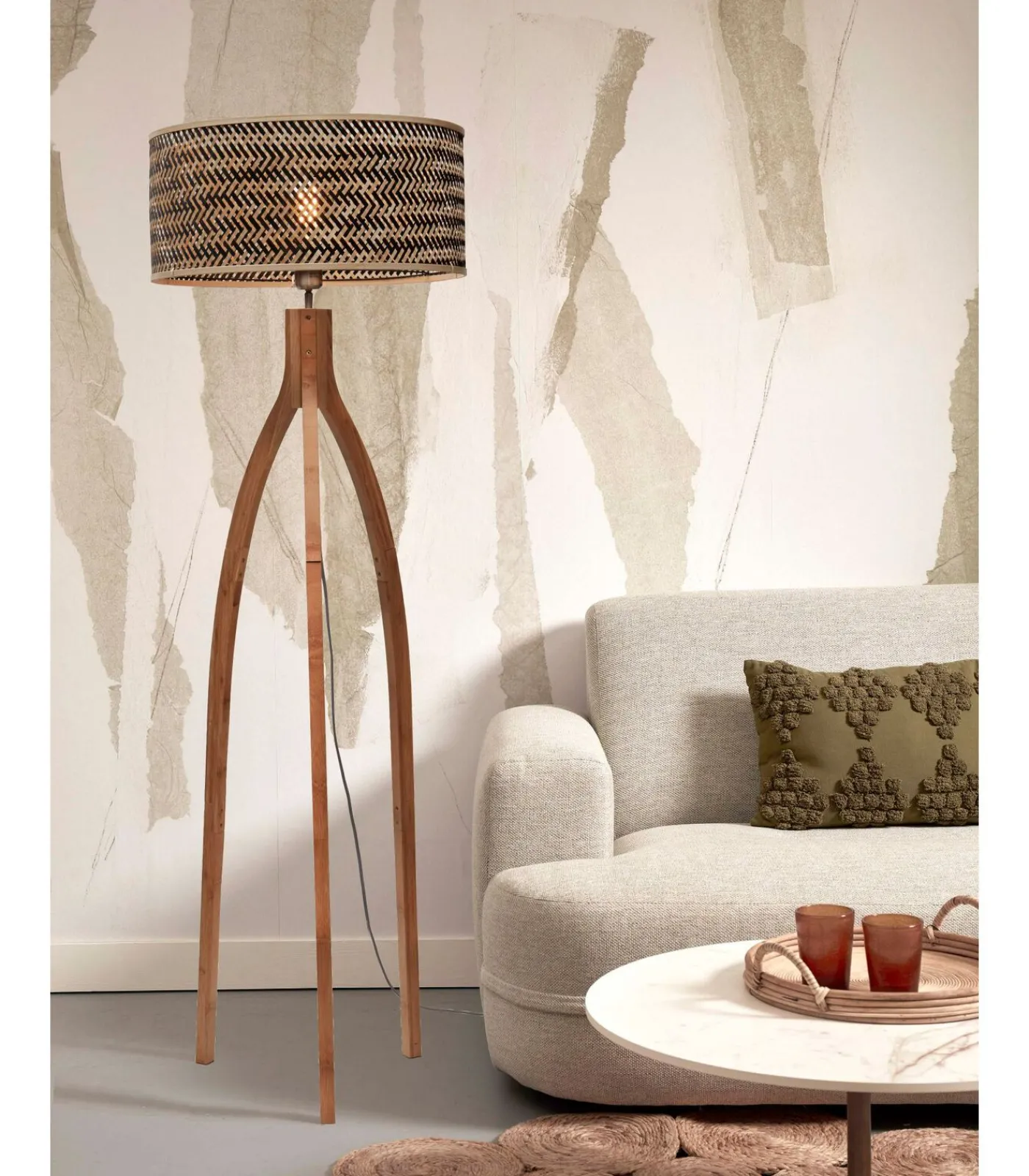 Sale Vloerlamp Java - Bamboe/Zwart - 50x50x145cm - Driepoot Vloerlampen