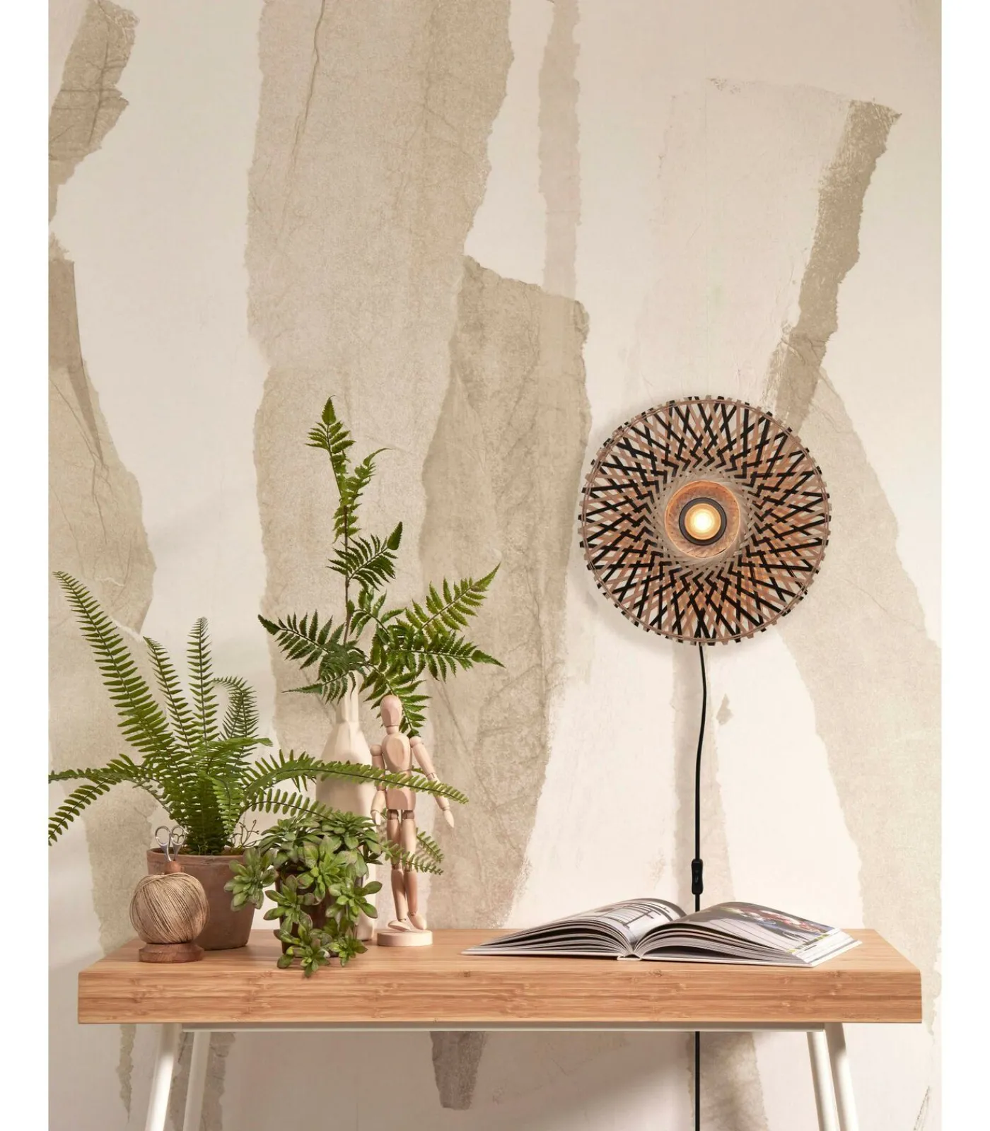 Sale Wandlamp Kalimantan - Bamboe/Zwart - Ø30cm Muurverlichting