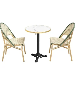 Online Witte marmeren liggende terrastafel van 60 cm en 2 groene stoelen Tuinmeubelen