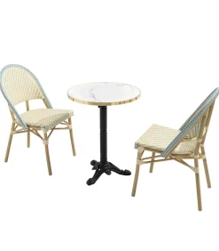 Online Witte marmeren liggende terrastafel van 60 cm en 2 blauwe stoelen Tuinmeubelen