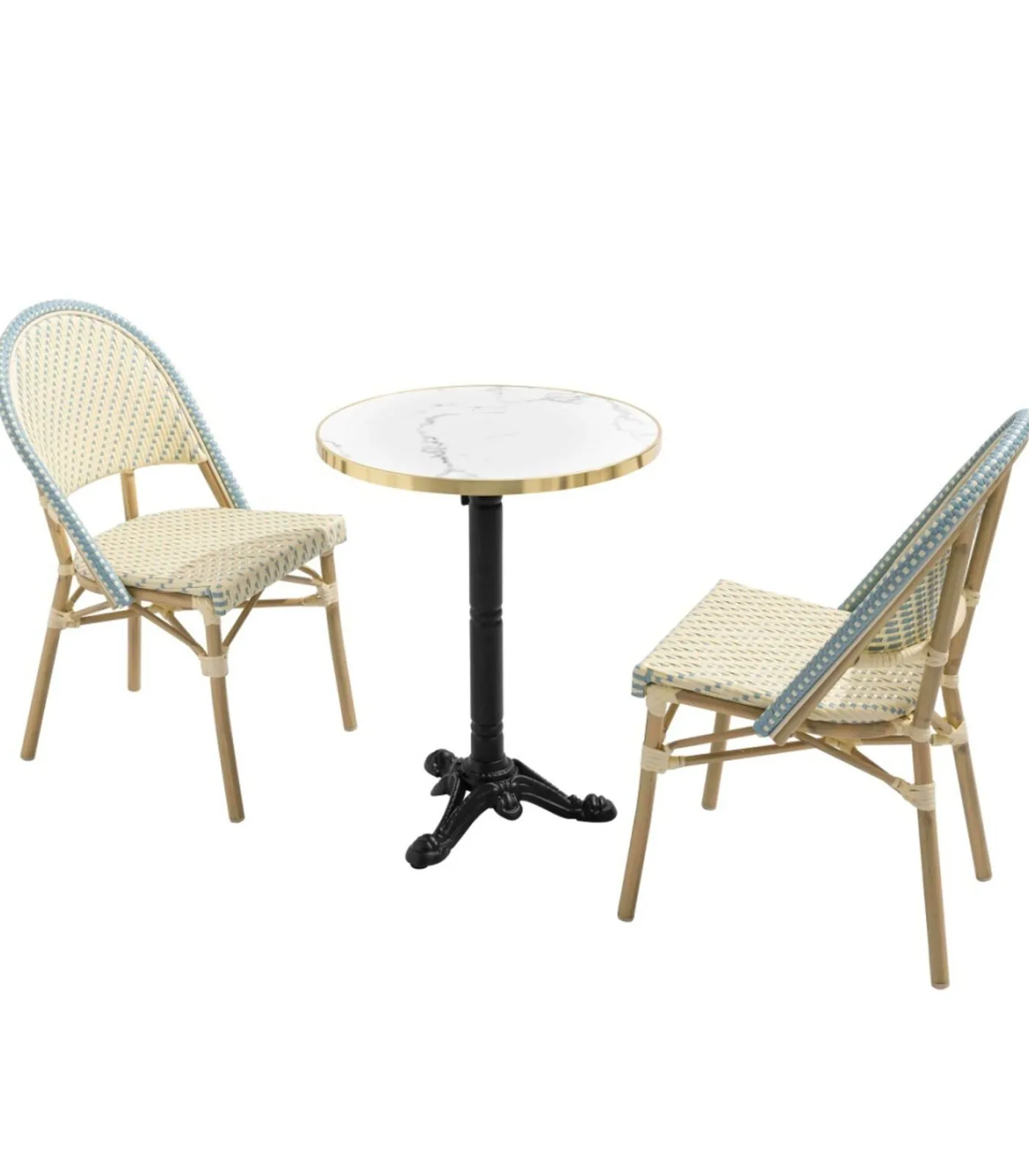 Online Witte marmeren liggende terrastafel van 60 cm en 2 blauwe stoelen Tuinmeubelen