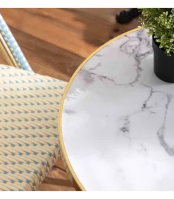 Online Witte marmeren liggende terrastafel van 60 cm en 2 blauwe stoelen Tuinmeubelen