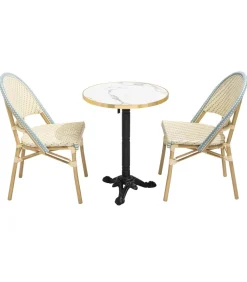 Online Witte marmeren liggende terrastafel van 60 cm en 2 blauwe stoelen Tuinmeubelen