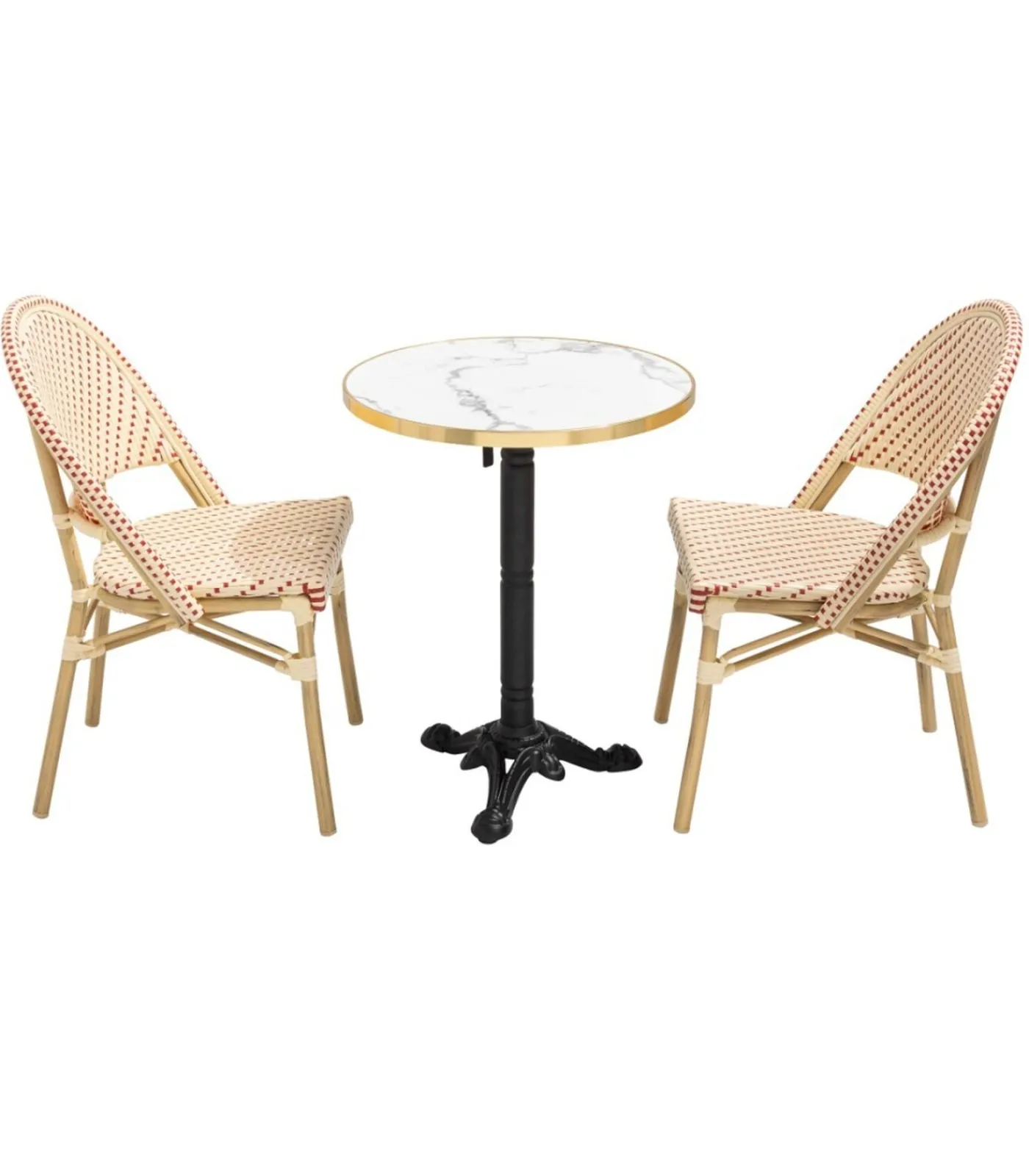Outlet Witte marmeren terrastafel van 60 cm en 2 rode stoelen Tuinmeubelen